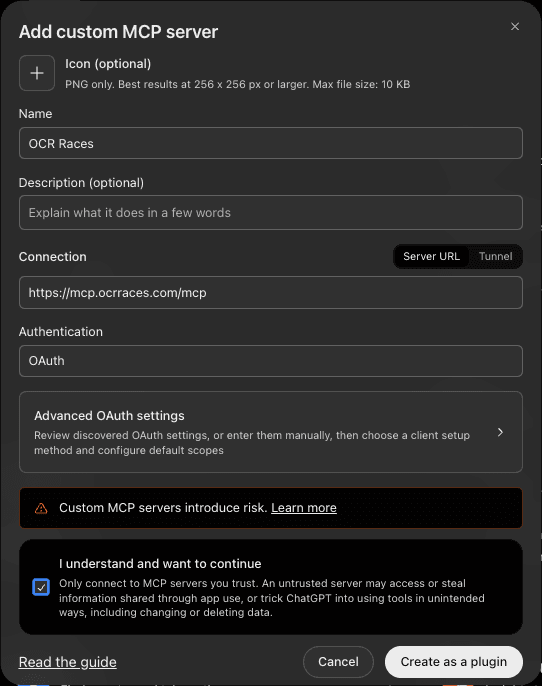 ChatGPT's Add custom MCP server form filled in with the name and server URL