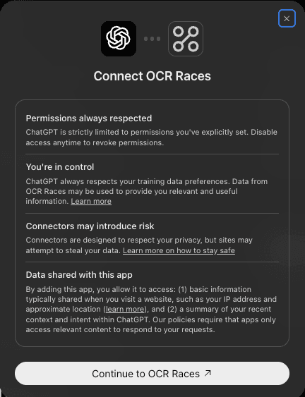 ChatGPT's connect screen with the Continue button